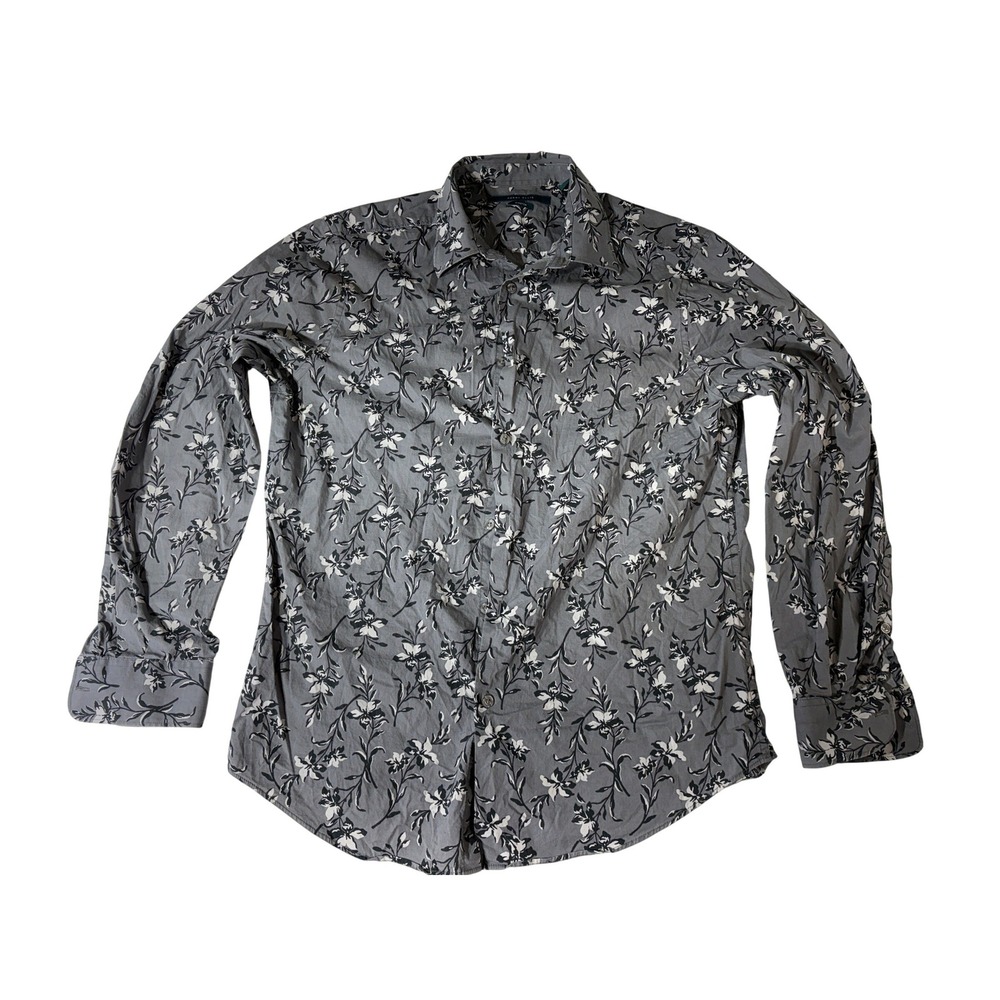 Perry Ellis Mens Grey Floral Stretch Button Down Long Sleeve Shirt Size M